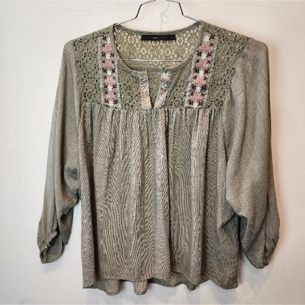 Hazel Green Boho Top Crochet Lace Style Boxy‎ Lifhtweight Gypsey Tunic L